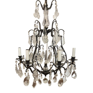 Early 20th Century French Louis XV Style Six Light Bronze or Brass Chandelier With Abundance of Cut Crystal Prisms