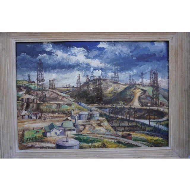 Janós Bernát Industrial California Landscape, Los Angeles Oil Wells 1950 Oil on Board Painting, Framed For Sale - Image 4 of 10
