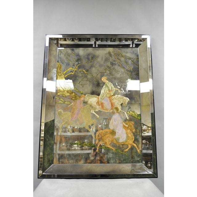 Vintage Chinoiserie Orientalist Verre Eglomise Smoked Glass Figural Wall Mirror For Sale - Image 16 of 16