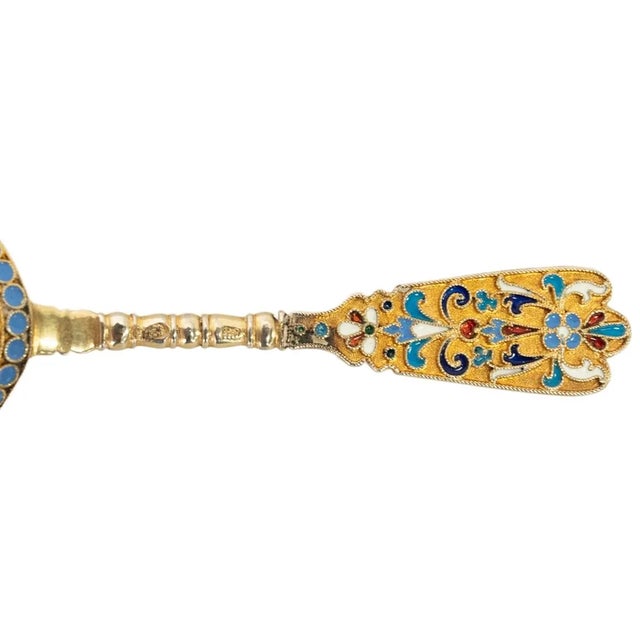 Antique Imperial Russian Silver Gilt Cloisonne Tea Caddy Spoon Moscow 1880 For Sale - Image 10 of 12