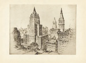 "Three Towers" (Met Life, Con Ed, Ny Life Buildings) 1939 New York Etching by Anton Schutz