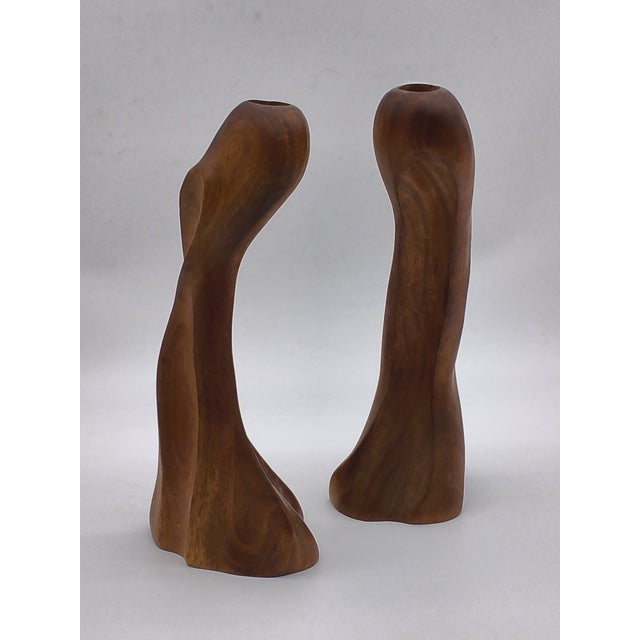 Mid Century Modern Wood Carved Candlesticks - Pair For Sale - Image 9 of 11
