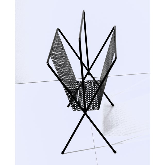 Mid-Century Modern MCM Atomic Black Metal Pierced Sunburst Magazine Rack Holder For Sale - Image 3 of 5