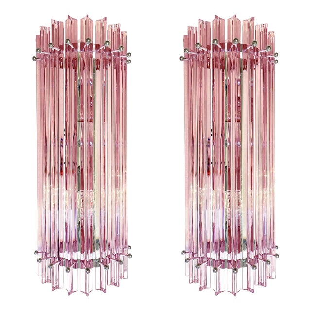 Italian Scenographic Pink Triedro Murano Glass Wall Sconces by Simoeng, Set of 2 For Sale
