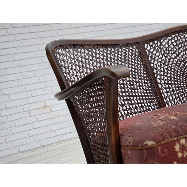 Pink Vintage Danish Three-Seater Sofa in Salmon Pink Velour and Dark Beech Wood, 1950s For Sale - Image 8 of 18