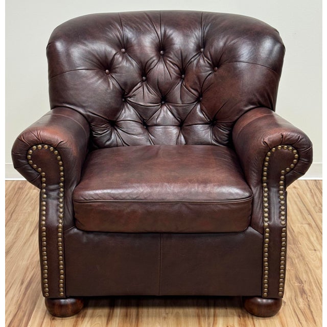 Late 20th Century Vintage Oversized Tufted Leather Writers Chair With Ottoman For Sale - Image 5 of 18