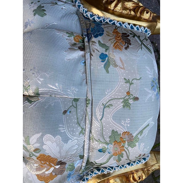 Wood Late 20th Century French Louis XVI Gilded Beech Ottoman Bench With Pistachio Green Damask Upholstery For Sale - Image 7 of 8