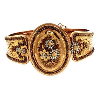 1860's 18k and Platinum Multi-Colored Gold French Flower and Engraved Bracelet For Sale