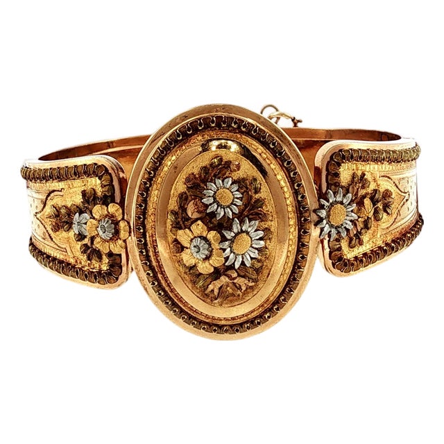 1860's 18k and Platinum Multi-Colored Gold French Flower and Engraved Bracelet For Sale