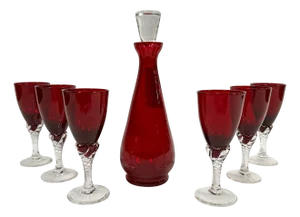 Mid-Century Crystal Decanter Ruby ​​glass Liqueur Set, Czech Republic, Set of 7