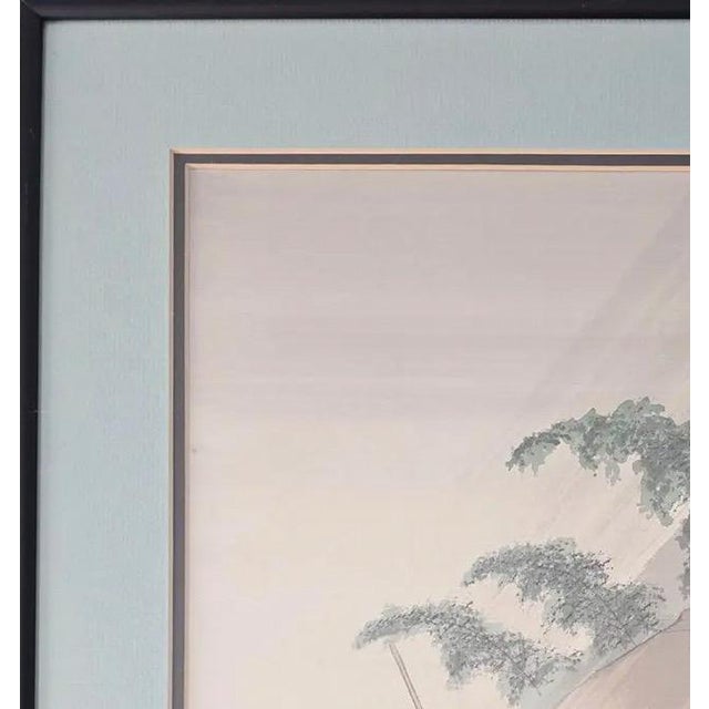 Textile Vintage Japanese Silk Painting Signed Shoun, Travelers in Rain Nihonga Watercolor, Japandi Wall Art, Zen Landscape Decor For Sale - Image 7 of 15