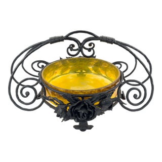 Signed Degué Art Deco Marbled Glass Centerpiece Bowl in Wrought Iron Mount, France 1930s For Sale
