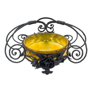 Signed Degué Art Deco Marbled Glass Centerpiece Bowl in Wrought Iron Mount, France 1930s