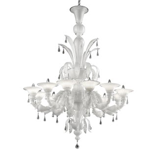 White Venetian “Ca’ Rezzonico” Murano Glass Chandelier With Clear Glass Drops For Sale