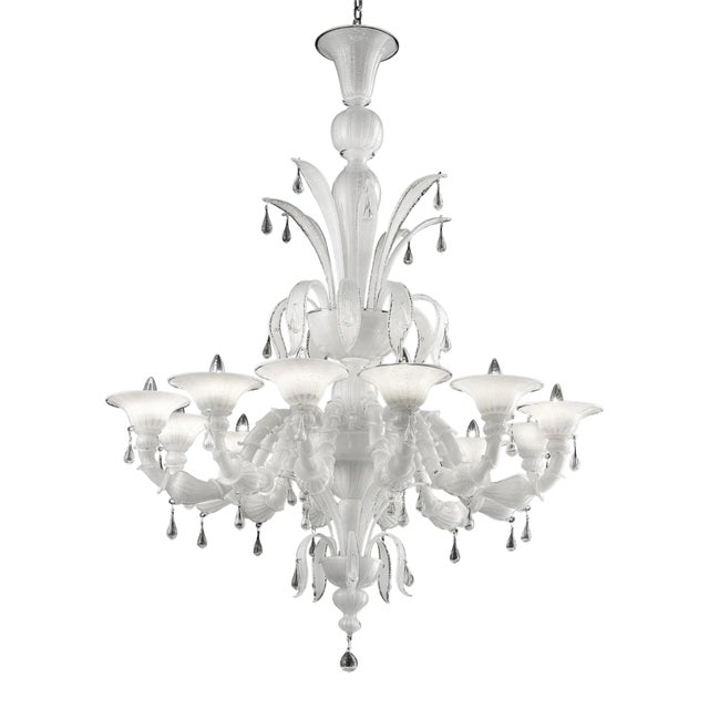 White Venetian “Ca’ Rezzonico” Murano Glass Chandelier With Clear Glass Drops For Sale