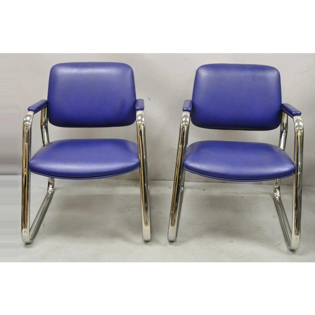 Vintage Lawsonia Stylex Mid Century Modern Blue Chrome Lounge Chairs - a Pair. Item features sleek tubular chrome frames,...