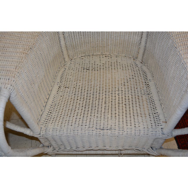 Vintage White Wicker Oversized Fan Back / Cobra Patio Arm Chair With Blue Stripe Cushion For Sale - Image 4 of 12