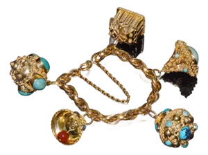 Estate Italian Unoaerre Etruscan Revival Solid 18k Gold Turquoise Carnelian Charm Fob Bracelet