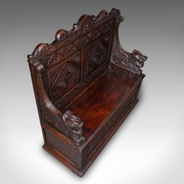 Wood Antique Baronial Settle, Scottish, Carved Oak, Reception Hall Bench, Victorian For Sale - Image 7 of 12