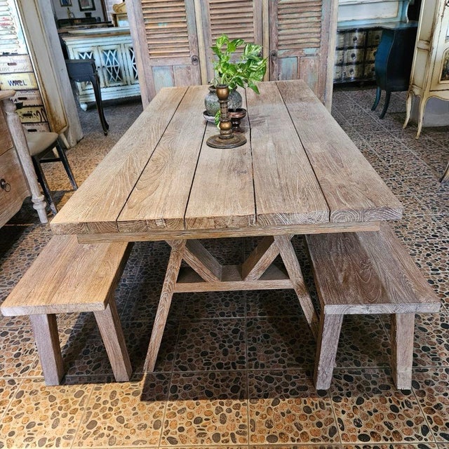 2020s French Rustic Whitewash Trestle Dining Set, Indoor and Outdoor For Sale - Image 5 of 5