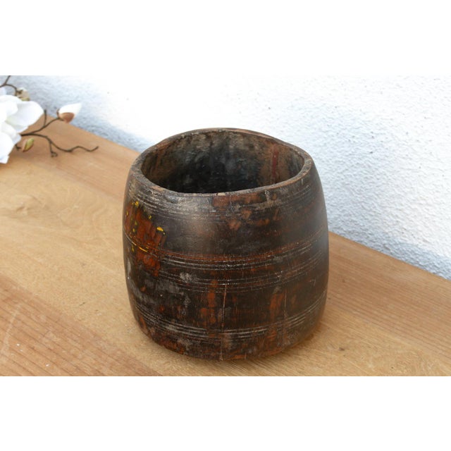 Indian Antique Dark Stained Teak Grain Pot For Sale - Image 3 of 6