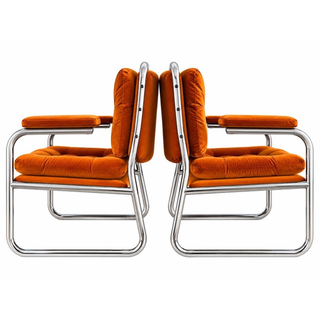 1970's Vintage Mid-Century Chrome Cantilever Armchairs, Orange Tufted Velvet, Set of 2 For Sale - Image 4 of 10