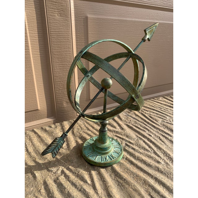 French Country Vintage English Country Brass Verdigris Garden Armillary Sundial For Sale - Image 3 of 11