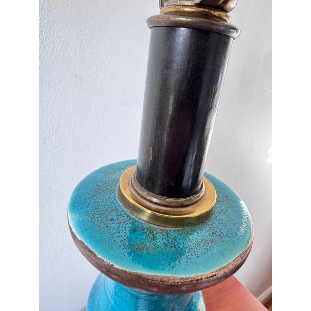 Mid-Century Ming Style Italian Ceramic Table Lamp Attributed to Ugo Zaccagnini, Turquoise Crackle Glaze For Sale - Image 12 of 12