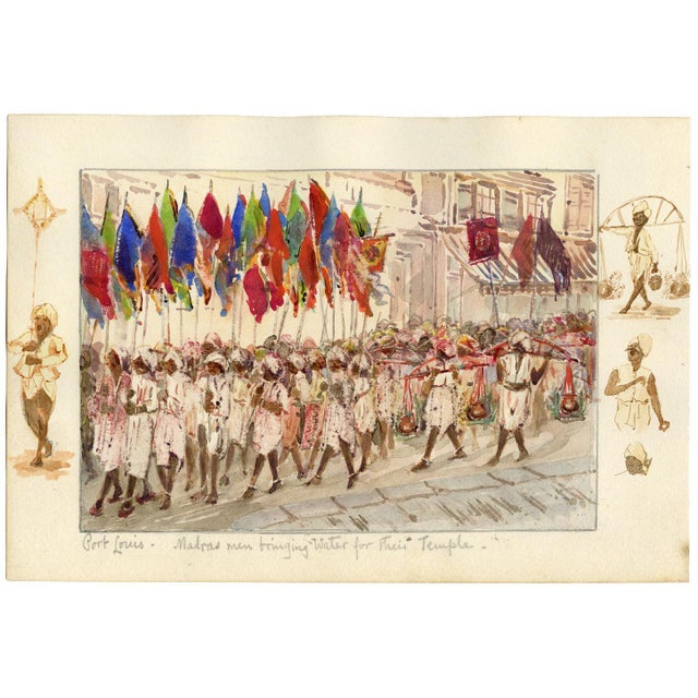 Whylock Pendavis, Silversmith's Shop & Madras Men Procession, Port Louis, Mauritius, 1800s, Watercolour For Sale - Image 3 of 7