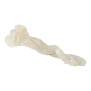 18th Century Chinese Carved White Nephrite Jade Ruyi Scepter With Lingzhi Mushrooms