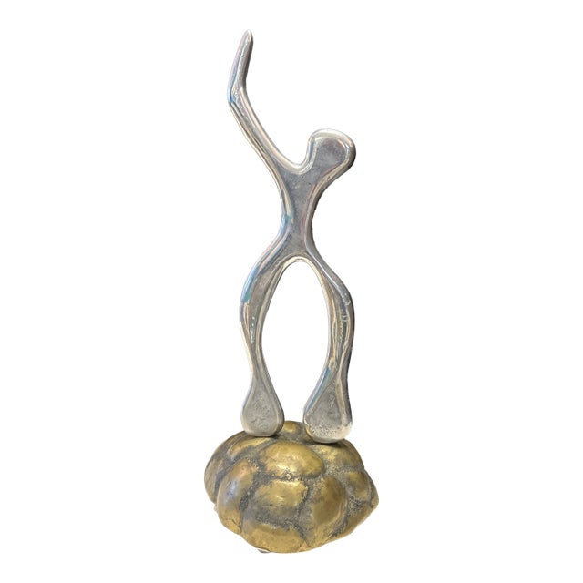 Artist Made Silver Metal Sculpture on Textured Brass Base For Sale