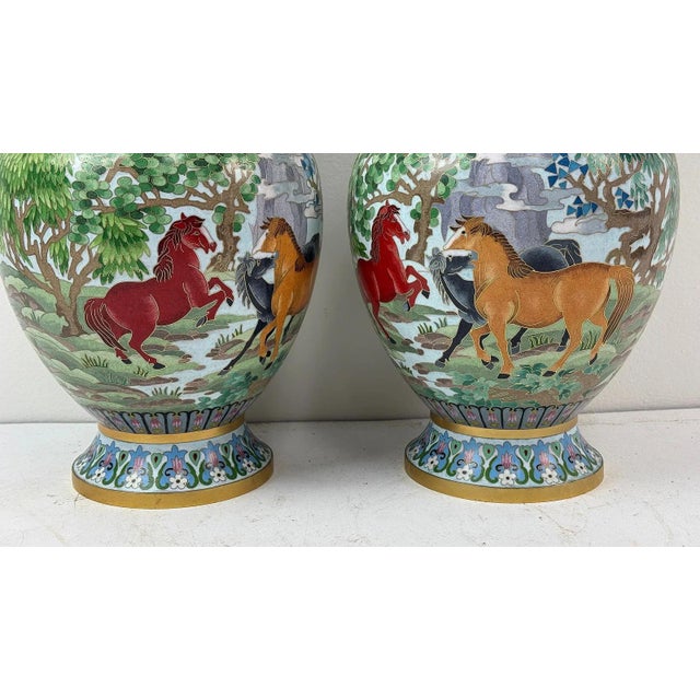 Pair of Chinese Cloisonne Enamel Horse Vases Gold Scrolls Horses Equestrian For Sale In New York - Image 6 of 8