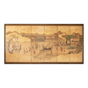 Meiji Era XL Japanese Yamato-E Style 6-Panel Byobu Screen "Chinese Palace Courtyard"