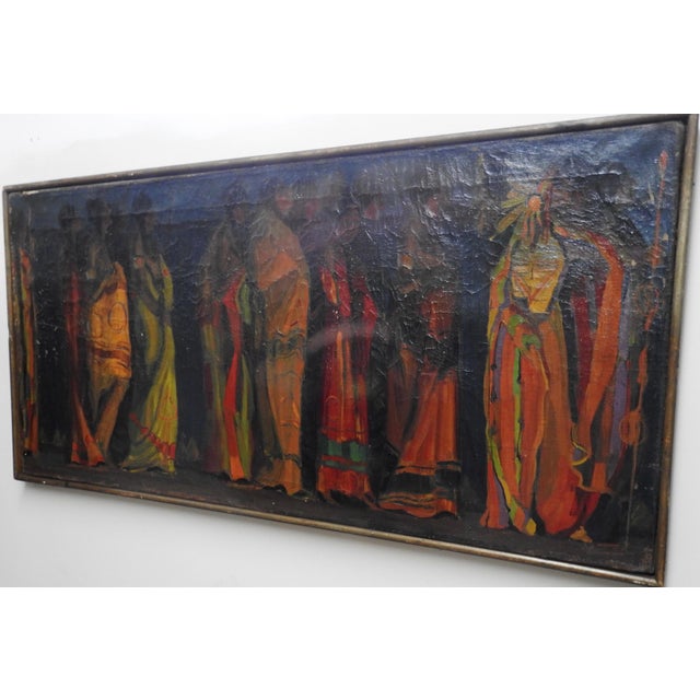 Featured is a colorful oil painting on canvas titled "Indian Procession" by listed artist Robert Whitmore (American;...