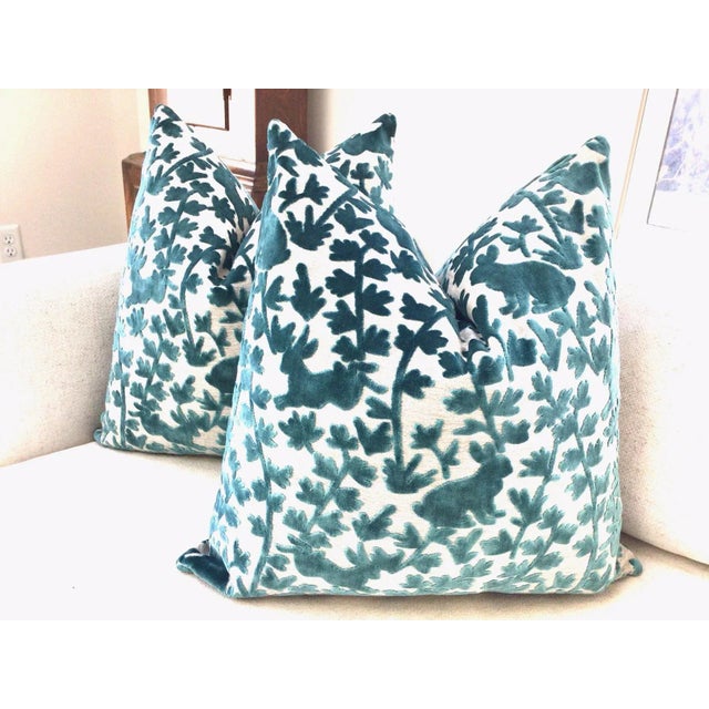 Art Nouveau Raised Velvet "Love Bunnies" in Azure Pillows- a Pair For Sale - Image 3 of 4