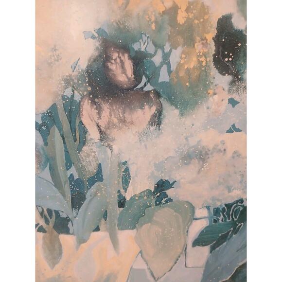 1950s Watercolor Painting Abstract Lt Blue Floral Wood Bamboo Frame Hollywood Regency For Sale - Image 10 of 14