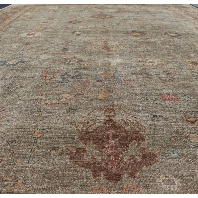 Textile Large Turkish Angora Oushak Rug in Washed Sage With Rust and Ivory 11'10 X 17'4 For Sale - Image 7 of 17