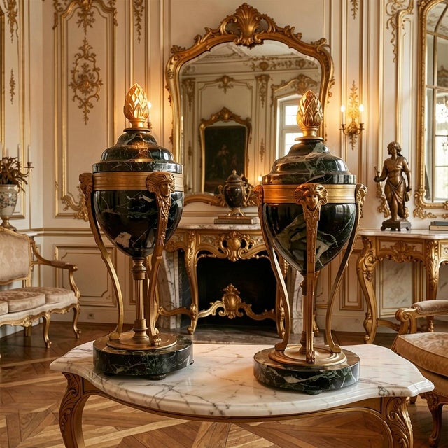 Steeped in the grand neoclassical restraint of 18th-century French design, this striking pair of antique Louis XVI-style...