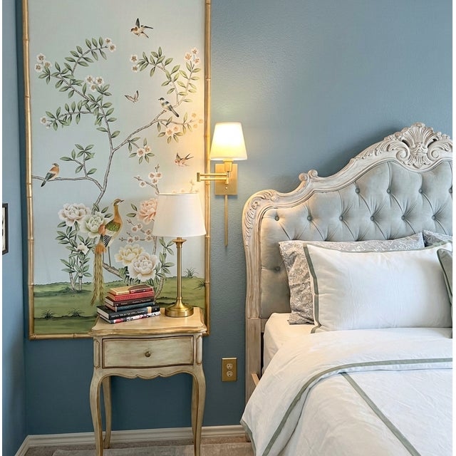 W24"*h48"/Panel * a Set of 3 Panels Peony on Light Blue Tea Paper, Wall Artwork, Painting, No Frame, Tea Wallpaper For Sale - Image 4 of 7