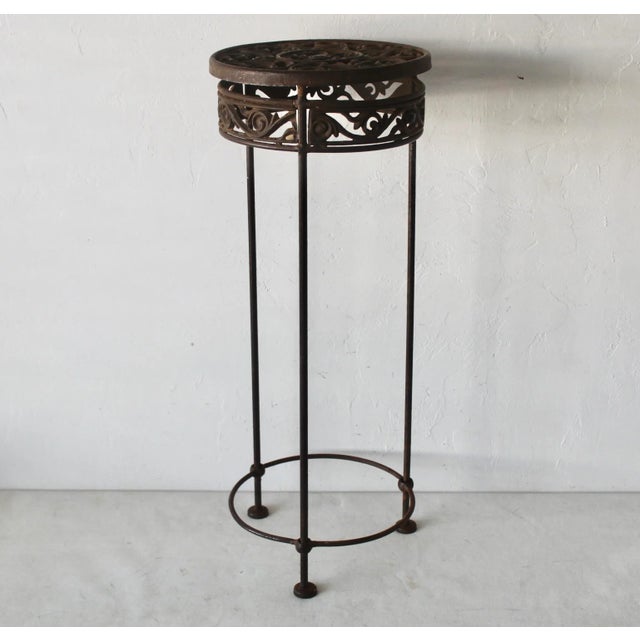 Cast Iron Ornate Cylindrical Plant Stand With Patina Vintage For Sale - Image 10 of 11