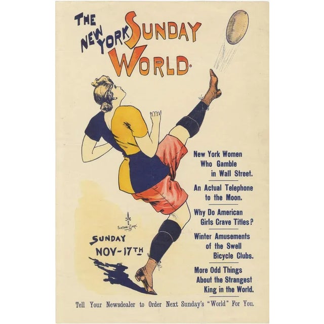 Vintage New York Sunday World Poster, Woman Kicking Football, 1895 For Sale - Image 9 of 9