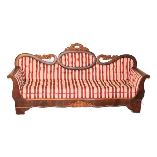 1800s Antique Empire Period, Medallion Back, New Upholstery, Red & Beige Sofa For Sale