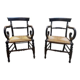 Rustic Straw-Seated Armchairs, Set of 2 For Sale