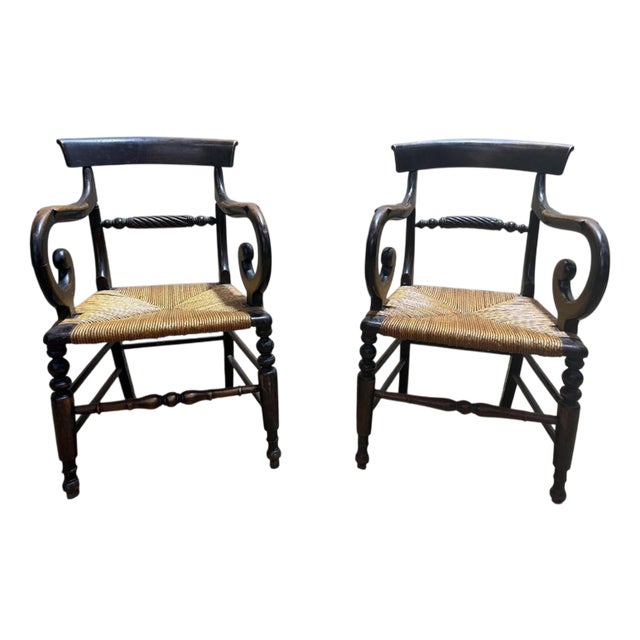 Rustic Straw-Seated Armchairs, Set of 2 For Sale