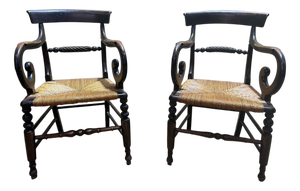 Rustic Straw-Seated Armchairs, Set of 2