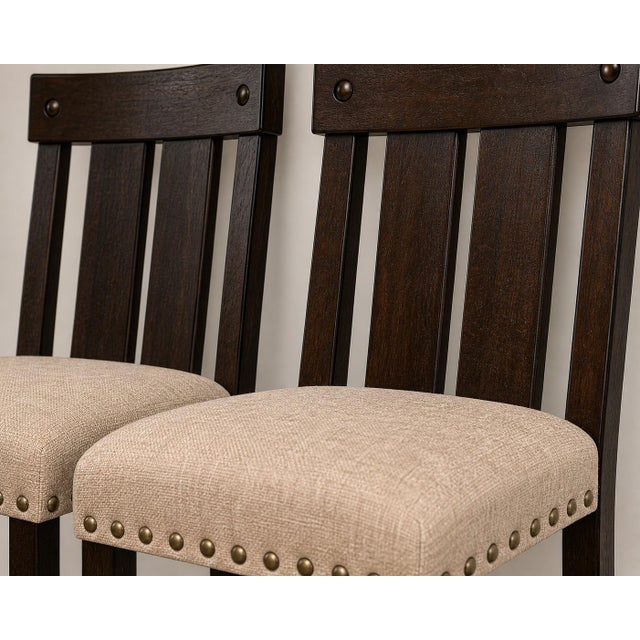 Early 21st Century Counter Height Stools, Set of 2, Upholstered With Nailhead Trim, Dark Wood For Sale - Image 5 of 5