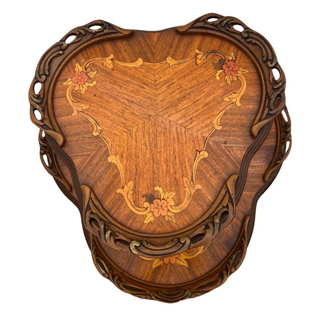 Art Nouveau Antique Two-Tier Etagere Jardiniere Parlor Table, French Art Nouveau, Inlays For Sale - Image 3 of 12