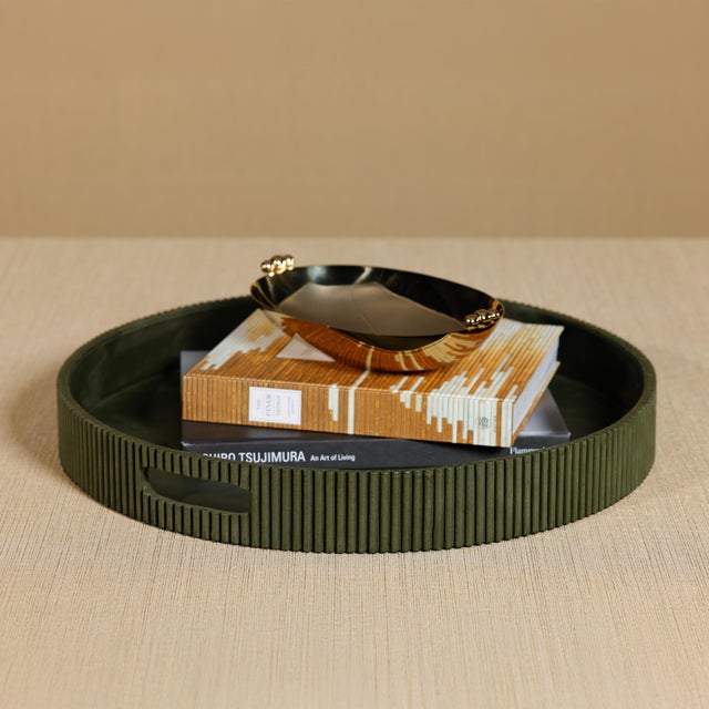 Round Fluted Green Leather Tray, 20" For Sale - Image 4 of 5
