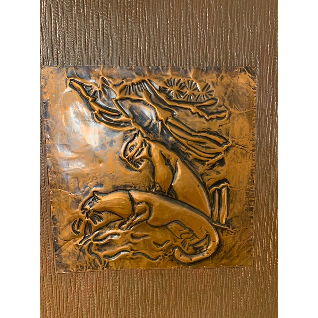 1960s Pair of MCM Copper Tone Repoussé Panther Panels | Mounted on Wood Board For Sale - Image 5 of 12