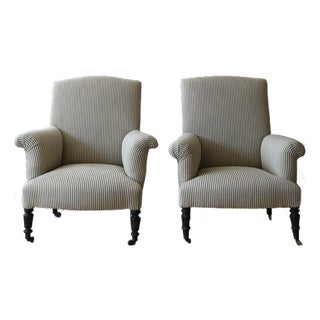 1930's French Upholstered Striped Lounge Chairs For Sale